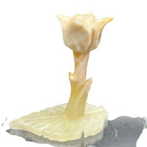 Vintage Handcrafted Onyx Tulip Candle Holder Leaf Base Rare Butter Yellow Decor
